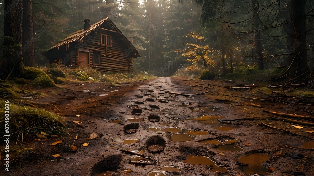 Canvas Prints mysterious muddy path leading to a rustic cabin in the autumn forest