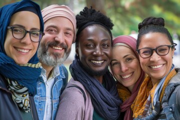Obraz premium portrait of five individuals from diverse backgrounds smiling warmly at the camera, showcasing joy and unity