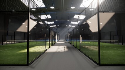 eye level view of unused green padel tennis courts inside a warehouse building, located in the sports complex facility area. With lights turned on even though it is daytime