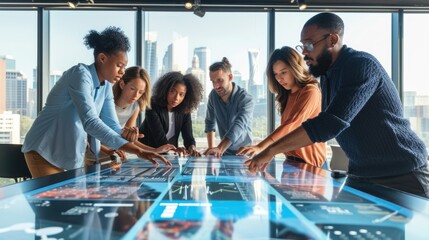 An engaged team of experts interacts with a futuristic digital interface during a strategy session in a contemporary office. AIG41