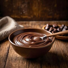 Homemade chocolate cream in a bowl with a whisk on a wooden background