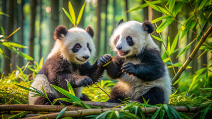 Obraz premium Adorable twin baby pandas tumble and somersault in a lush green bamboo forest, their soft fur and cuddly bodies a heartwarming spectacle of innocence and play.