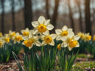 Fototapeta premium Yellow daffodils in spring background on bokeh blurred green,fresh landscape.