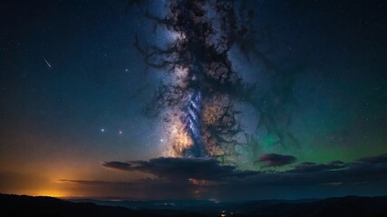 A breathtaking view of the milky way galaxy stretching across a cloudy horizon at twilight, showcasing the beauty of space.