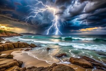 Fototapeta premium Waves crash against rocky shoreline as dark storm clouds loom overhead, illuminating turbulent ocean with flashes of lightning on a deserted and dramatic beach.