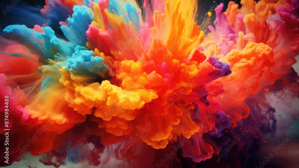 Poster explosive color burst in orange and blue. horizontal image of exploding motion of multicolored powde