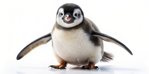 Obraz premium Adorable penguin waddles playfully across a pristine white background, its tuxedo-like feathers and endearing expression radiating innocence and joy, capturing hearts with effortless charm.