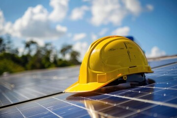 Construction project with solar panels background, green energy