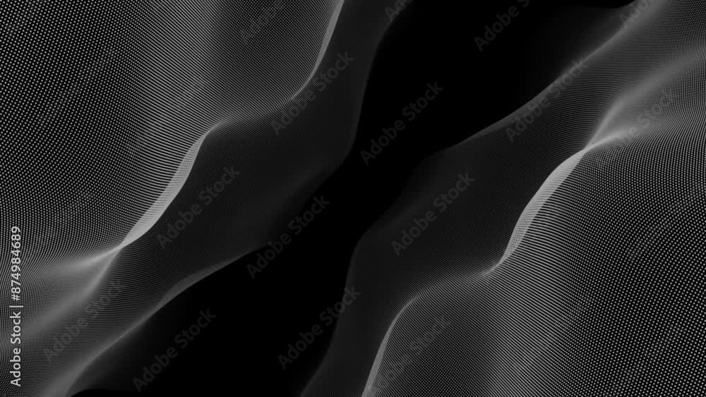 Poster white and black color hi-tech particles slowly moving in cyberspace forming loop able wave pattern o