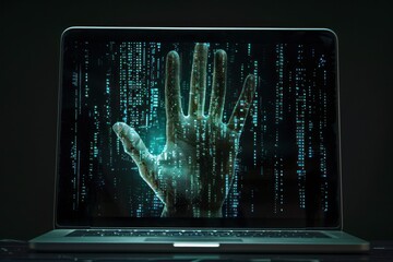 Cybersecurity concept depicting digital hand reaching out from a laptop screen, symbolizing data breach or hacking