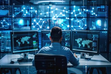 Cybersecurity expert analyzes data streams on multiple monitors in a high-tech digital environment
