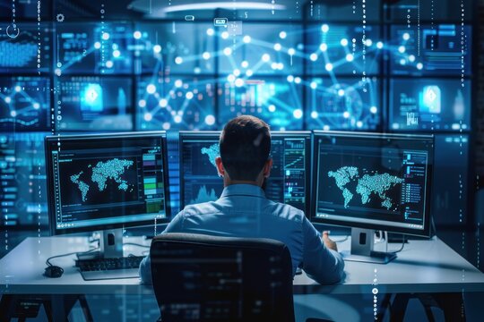 Cybersecurity expert analyzes data streams on multiple monitors in a high-tech digital environment
