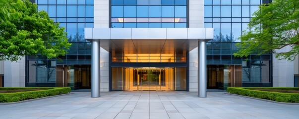 Modern Office Building with Striking Glass Facade and Impressive Entryway, Architectural Design Inspiration