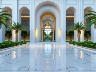 Fototapeta premium Modern Luxury Villa with Grand Entrance A Stunning Architectural Masterpiece in Dubai, Impressively Designed with Lush Gardens and Elegant Marble Flooring