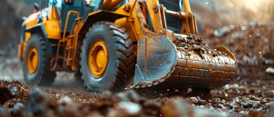 Busy Construction Site: Front Loader in Action Moving Earth at Development Zone