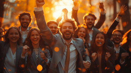 The best team helped each other reach their goals target to success. The hand of a business man and business women pick up the trophy and celebrate together. Teamwork of successful concept