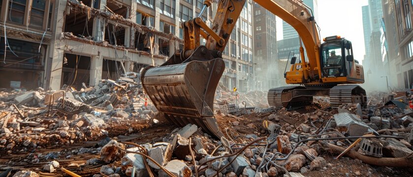 Construction front loader machine moving debris at demolition site