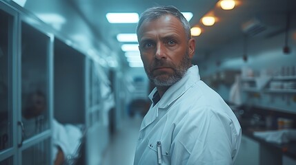 Obraz premium Full shot of a doctor in an emergency room, providing care to a patient, white lab coat, patient on a gurney, bright emergency room lighting, medical equipment around,