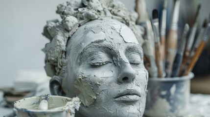 Sculpture of a female mask and art tools showcased on a white background