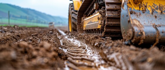 Fototapeta premium Grader Machine at Work: Smoothing Dirt Road at Construction Site
