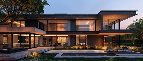 Fototapeta premium Contemporary Luxury: Sleek Modern House Exterior with Expansive Glass Windows and Lush Landscape