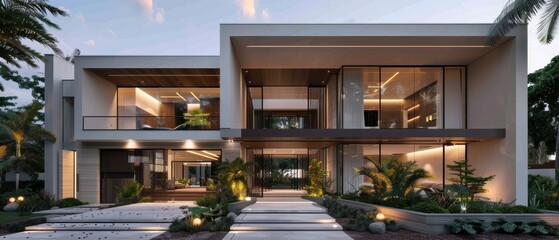 Fototapeta premium Grand Entrance of a Contemporary Luxury Home with Minimalist Landscape Design