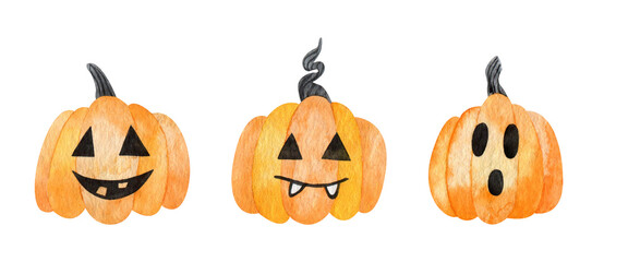 Set of pumpkins for Halloween. Watercolor illustration. Halloween. Autumn holidays.