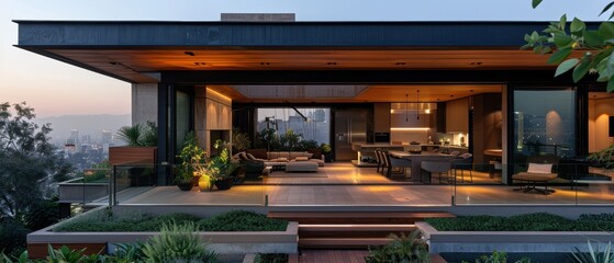 Obraz premium Serene Rooftop Oasis: Luxurious Modern House Terrace with Lounge Chairs, Greenery, and Cityscape Views