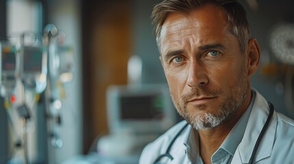 Realistic and cinematic image of a doctor by a hospital bed, checking on a patient, white lab coat, stethoscope, medical monitors and IV stand, natural light from window, concerned expression,