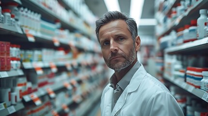 Fototapeta premium Realistic and cinematic image of a doctor in a pharmacy, discussing medication with a patient, white lab coat, shelves filled with medicines, bright overhead lights, professional and caring demeanor,