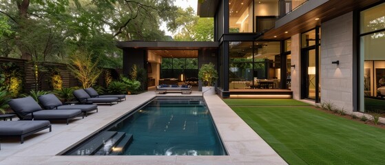 Fototapeta premium Serene Oasis: Luxurious Backyard Retreat with Pool, Sun Loungers, and Lush Greenery