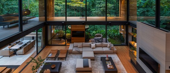 Inviting Family Room in a Contemporary Luxury Home with Plush Seating and Expansive Windows