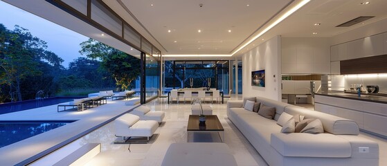 Obraz premium Luxurious Modern Living Room with Spacious Design and Large Sliding Glass Doors