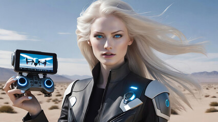 A futuristic scene featuring a woman with long platinum blonde hair and striking blue eyes, holding a high-tech drone controller with a display screen. She stands in a desert landscape.
