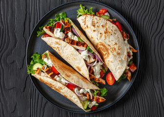 grilled chicken street tacos on a dark plate
