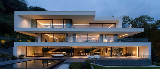 Fototapeta premium Illuminated Elegance: Night Shot of Luxurious Modern House with Ambient Lighting