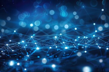 Obraz premium Abstract blue technology background with a cyber network grid and connected particles. Artificial neurons, global data connections
