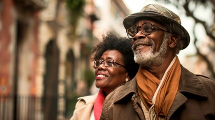 african american retired couple traveling in a historic city