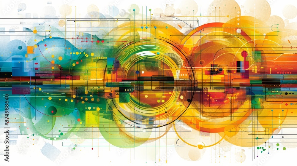 Poster abstract technology design featuring rounded shapes and black dots with computer graphic decoration 