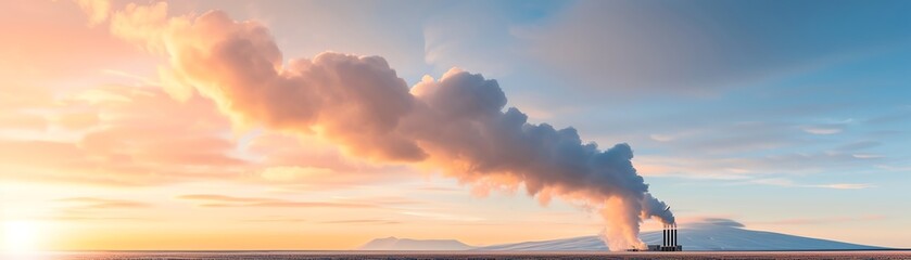 Fototapeta premium A plume of smoke billows from a factory into the sky, creating a colorful and dramatic scene.