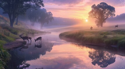 heavy lush and small stream  in mountains with fog and heavy forest with black stones 