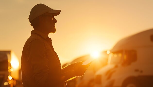 A long-haul trucker gazes out over his rig parked at a truck stop as the sun sets. He is checking his manifest for his next delivery.
