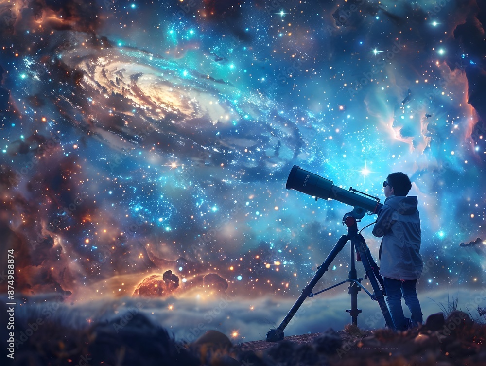 Poster astronomer gazing at mysterious celestial object embodying curiosity and doubt in the unknown univer
