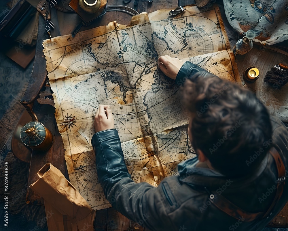 Aufkleber intrigued studying aged map on table torn between excitement and uncertainty