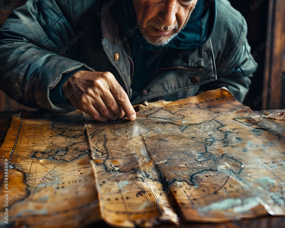 Aufkleber torn between excitement and uncertainty explorer studying ancient map on table