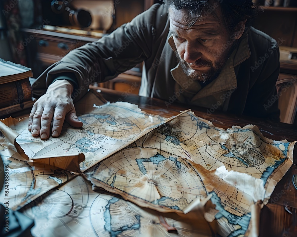 Poster weathered ancient map spread out on table studying it with curiosity and uncertainty