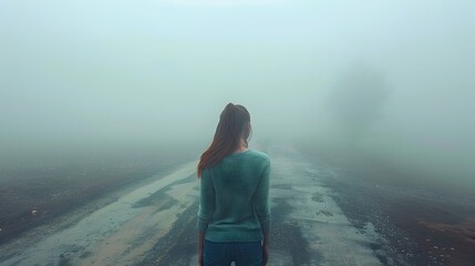 Fototapeta premium Young Woman Standing at Crossroads in Dense Fog Perplexed Expression Signifying Doubt and Curiosity About Life Choices