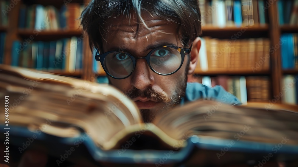 Aufkleber studious student perusing mysterious old book with curious contemplation in library