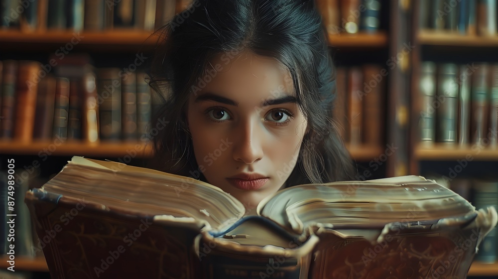 Poster student with curious expression reading an old book in a library