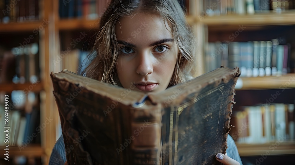 Poster student reading mysterious old book with curious and doubtful expression in library